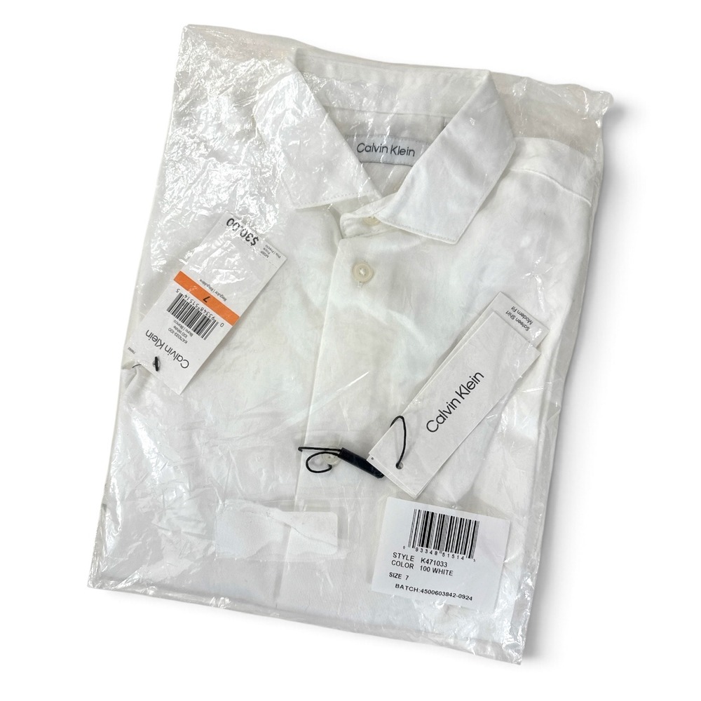 Calvin Klein Boys White Sateen Long Sleeve Dress Shirt Modern Fit Size 7 K471033